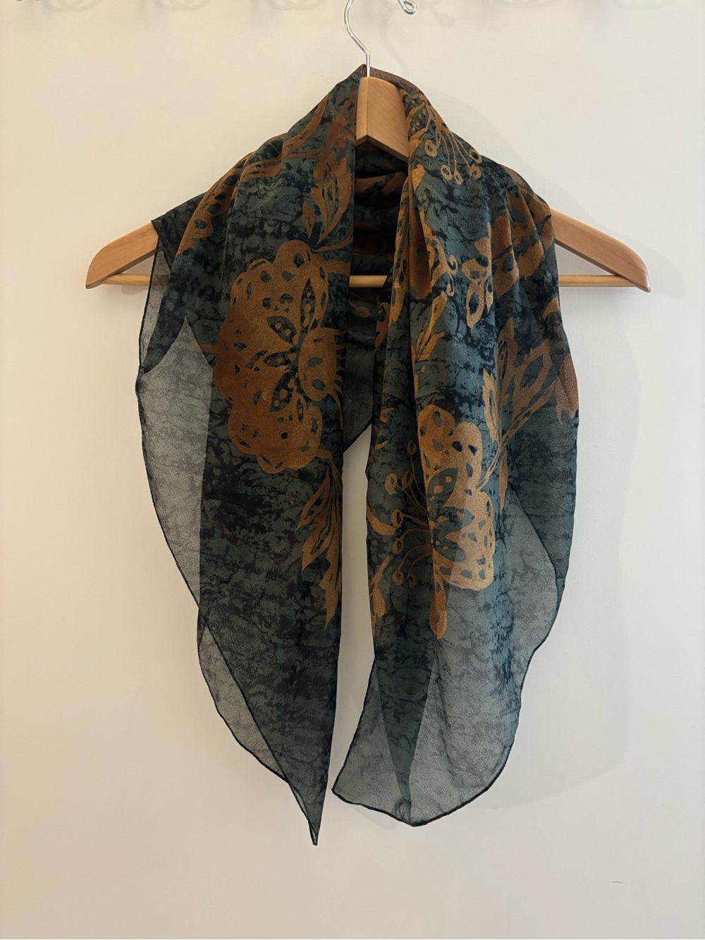 Vintage Bronze Floral Square Scarf Sheer Black 34”